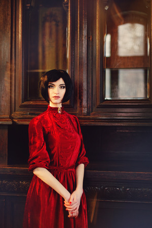 Portrait of lady brunette in the rich interior on the wooden cupboard background. Beauty girl brunette with hairstyle and makeup in red vintage dress with brooch. Fairy tale, nostalgic mood. Warm tinted.の写真素材
