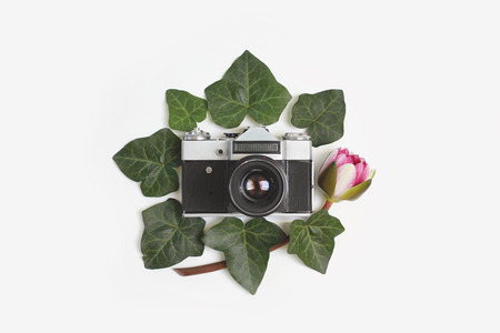 Travel concept - floral frame made of green ivy leaves, nymphaea waterlily purple flowers and vintage retro camera in the middle on white background. Flat lay, top view.の写真素材