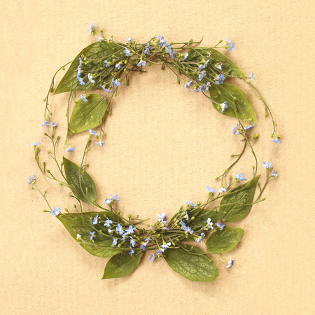 Flat lay minimalistic forget-me-not flowers frame on cardboard background.の写真素材