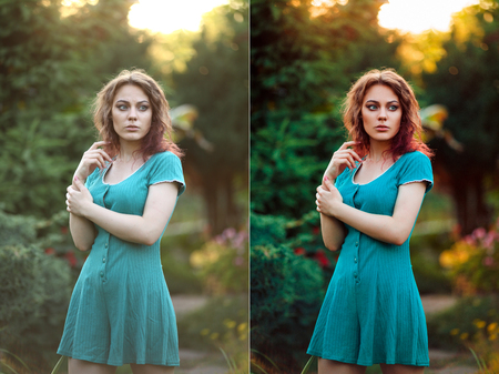 Before and after retouch beauty concept. Beautiful girl with curly hair in vintage dress on sunset. Background of foliage with sunbeams. の写真素材