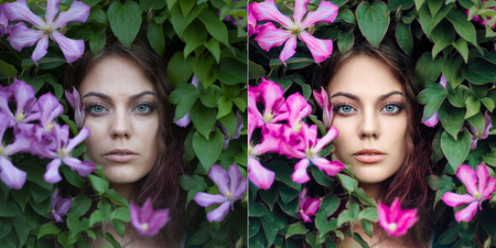 Portrait of young beautiful blue-eyed woman with purple clematis flowers around her face. Perfectly retouched -  before and after.の写真素材