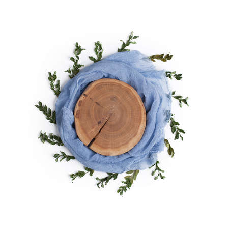 Easter flat lay concept. Wooden slice in nest made of pastel colored blue textile with green branches in sun shape.の写真素材