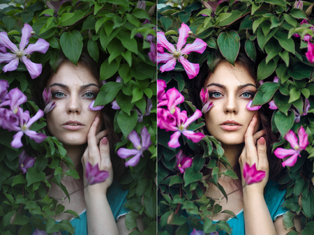 Portrait of young beautiful blue-eyed woman with purple clematis flowers around her face. Perfectly retouched - before and after.の写真素材