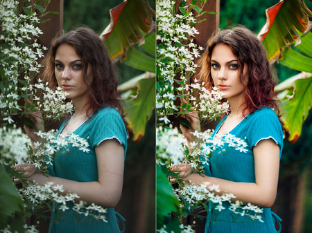Concept editing, photo retouching. Before and after. Beautiful girl with curly hair near tiny white flowers in blooming garden. の写真素材