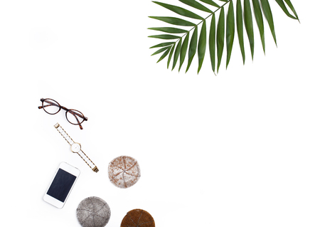 Palm leaf travel concept flat. Feminine accessories isolated on white background.の写真素材