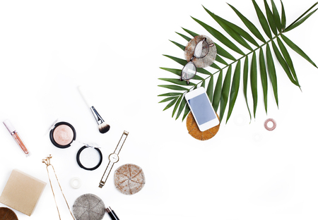 Tropic lifestyle concept. Travel objects isolated on white background. Flat lay, top view.の写真素材