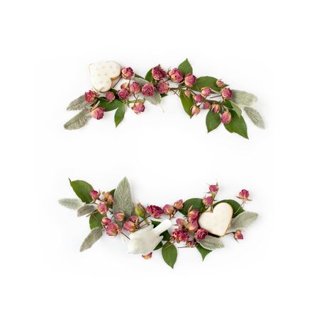 Flower buds on white mockup. Flat lay, top view.の写真素材