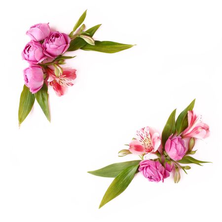 Rose buds frame on white background. Flat lay, top view floral greetings concept.の写真素材