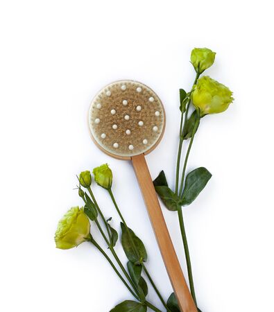 Spa brush and green flowers on white background. Bath product concept flat lay.の写真素材