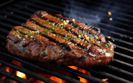 Grilled steak on the grill over an open flame. The grilled meat looked delicious and was cooked just right.の素材