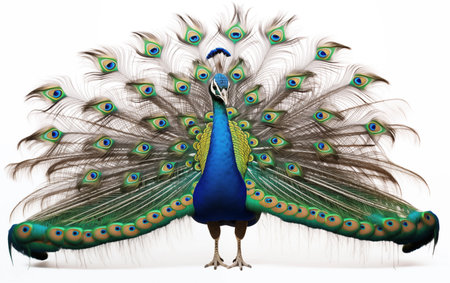 Peacock flapping its wings on white isolated backgroundの写真素材