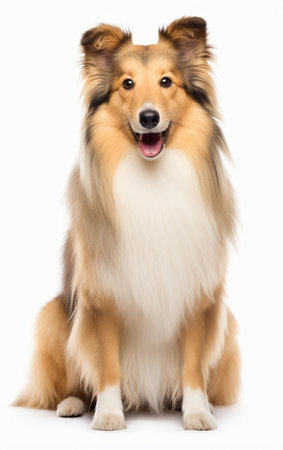 Shetland Sheepdog sitting and looking at the camera in front isolated of white backgroundの素材