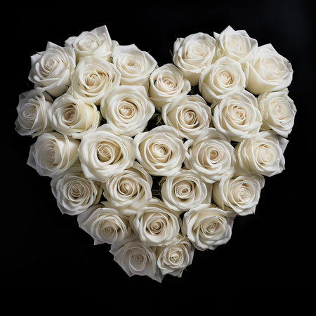 Heart of a white roses, Valentines Day Isolated on black Background.の素材