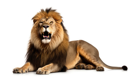 Lion sleep roaring, looking at the camera on isolated white background.の素材