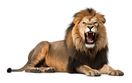 Lion sleep roaring, looking at the camera on isolated white background.の素材