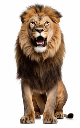 Lion sitting, looking at the camera on isolated white background.の素材