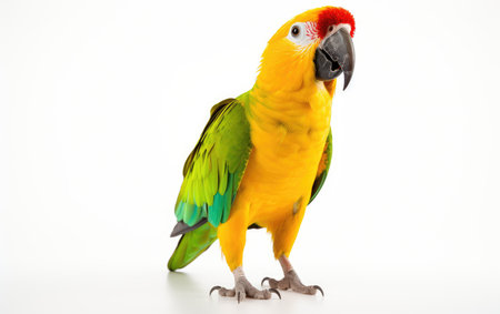 Parrot stands against isolateda on a white background.の素材