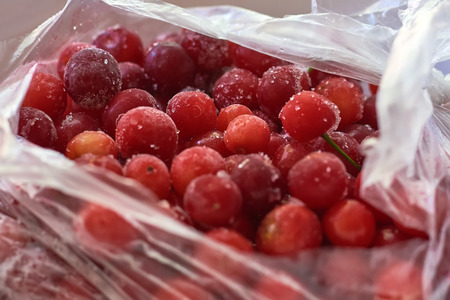 Frozen cherries. Cherries are with pieces of ice.