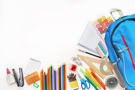 School supplies on a white background, stationery for students.