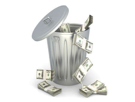 Moneytrash can. 3D rendered illustration. Isolated on white.の写真素材