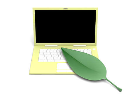 Green Technology. A leaf with a Laptop. 3D rendered Illustration.の写真素材