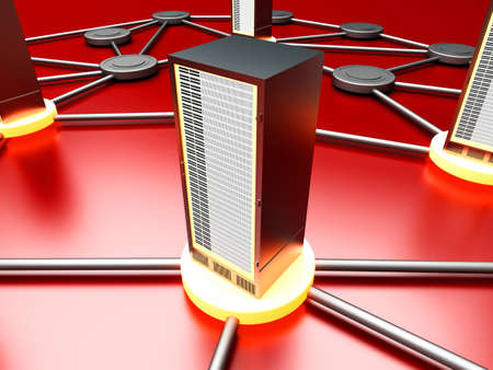 Connected cloud of 19 inch server towers. 3D rendered illustration.