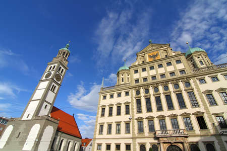 The Townhall (Rathaus) of Augsburg with St. Peter am Perlach, Bavaria, Germany, Europe.のeditorial素材