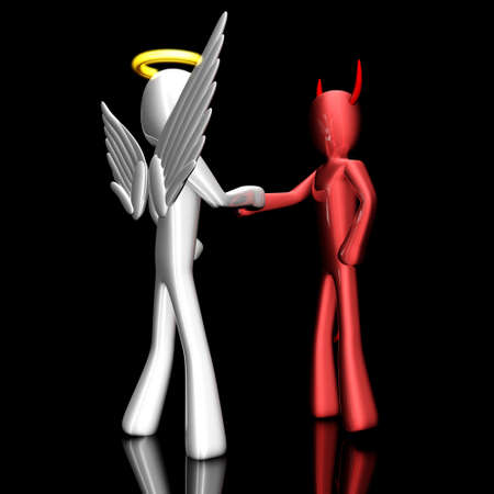 A cartoon Angel and Devil handshaking on a agreement の写真素材
