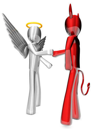 A cartoon Angel and Devil handshaking on a agreement の写真素材