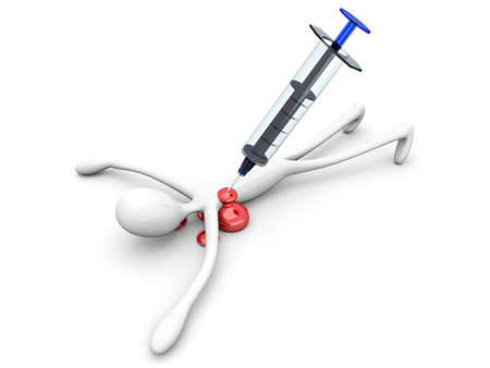 A cartoon figure killed by a giant syringe  3D rendered Illustration  Isolated on white の写真素材