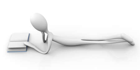 A cartoon figure reading a book while lying on the floor  3D rendered Illustration の写真素材