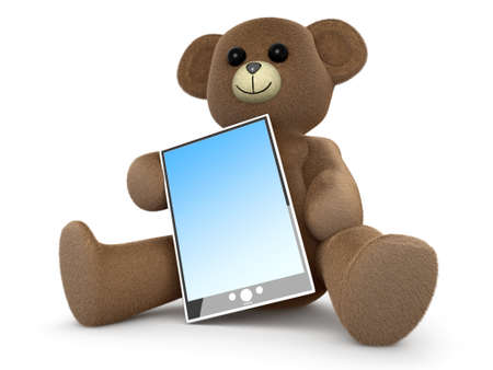 A Teddy bear with a Tablet PC. 3D rendered Illustration.の写真素材