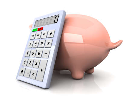 3D rendered Illustration  Isolated on white  A piggy Bank with a calculator の写真素材