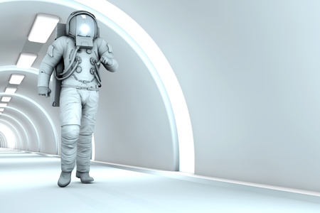 A Astronaut walking in a space station. 3D rendered illustration.の写真素材