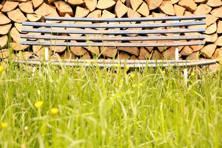 A bench in a Garden in front of some firewood の写真素材