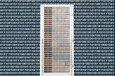 A binary background with a semi-transparent Server towers in front.の写真素材