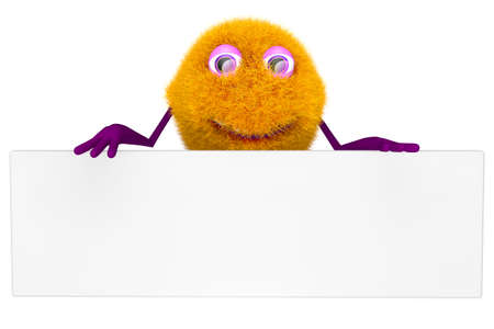 A furry male hippy cartoon character holding a signboard over his head. 3D illustration.の写真素材