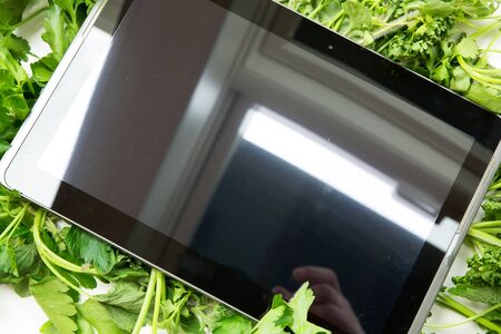 Herbs on a Tablet PC. Looking for information and recipes.の写真素材