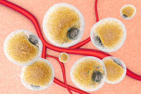 Fat cells in human tissue and between blood vessels and capillars. Scientific 3d rendered...