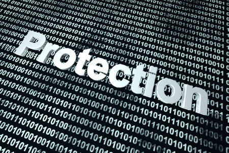 The word protection in front of a binary background symbolizing the digital code of software protecting your computer system.の写真素材