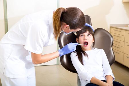 A young girl getting her dental checkup at the dentist.の写真素材