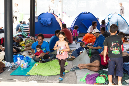BUDAPEST, HUNGARY - SEPTEMBER 01: Stranded Refugees and Migrants camp in front of the eastern Train Station Keleti Palyudvar on September 01, 2015 in Budapest, Hungary.のeditorial素材