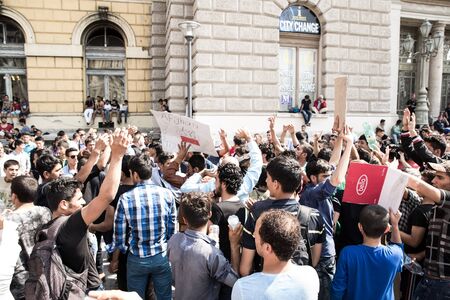 BUDAPEST, HUNGARY - SEPTEMBER 01: Stranded Refugees protest and demand free passage to Germany at...