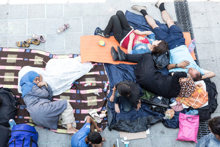 BUDAPEST, HUNGARY - SEPTEMBER 01: Stranded Refugees and Migrants camp in front of the eastern Train Station Keleti Palyudvar on September 01, 2015 in Budapest, Hungary.のeditorial素材