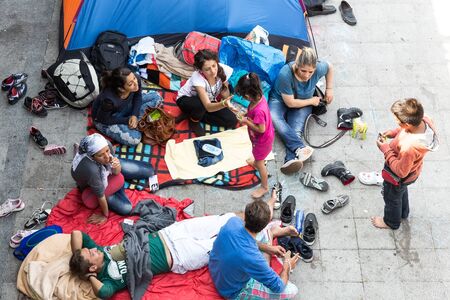BUDAPEST, HUNGARY - SEPTEMBER 01: Stranded Refugees and Migrants camp in front of the eastern Train Station Keleti Palyudvar on September 01, 2015 in Budapest, Hungary.のeditorial素材