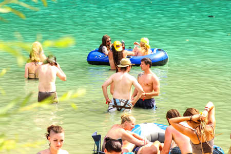 TOLMIN, SLOVENIA - July 21: Heavy Metal Fans have a party at and in the river Soca on the Metaldays Tolmin Festival on July 21, 2015 in Tolmin, Slovenia.のeditorial素材