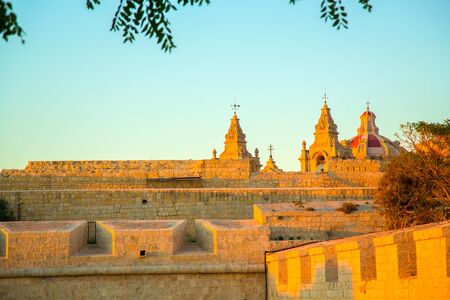 Golden light during sunset over Imdina in Malta, Europe.