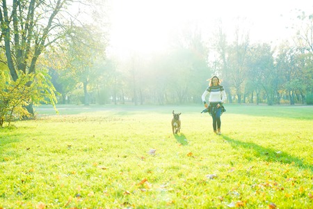 Beautiful young woman playing with her Dog in the Park in the autumn.の写真素材