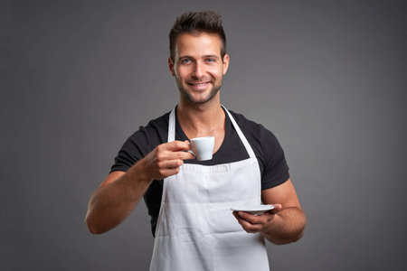 A young barista man smiling and enjoying a cup of coffeeの写真素材