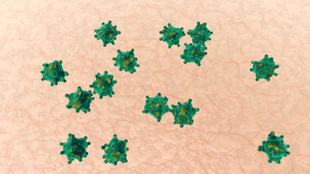 3D Illustration of generic germs, viruses or bacteria on human Skin.の写真素材